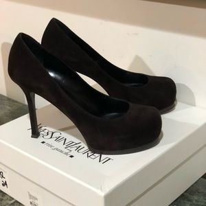 Saint Laurent Tribute 2 Chocolate Brown Suede Platform Shoes Pumps 80mm Sz 37.5